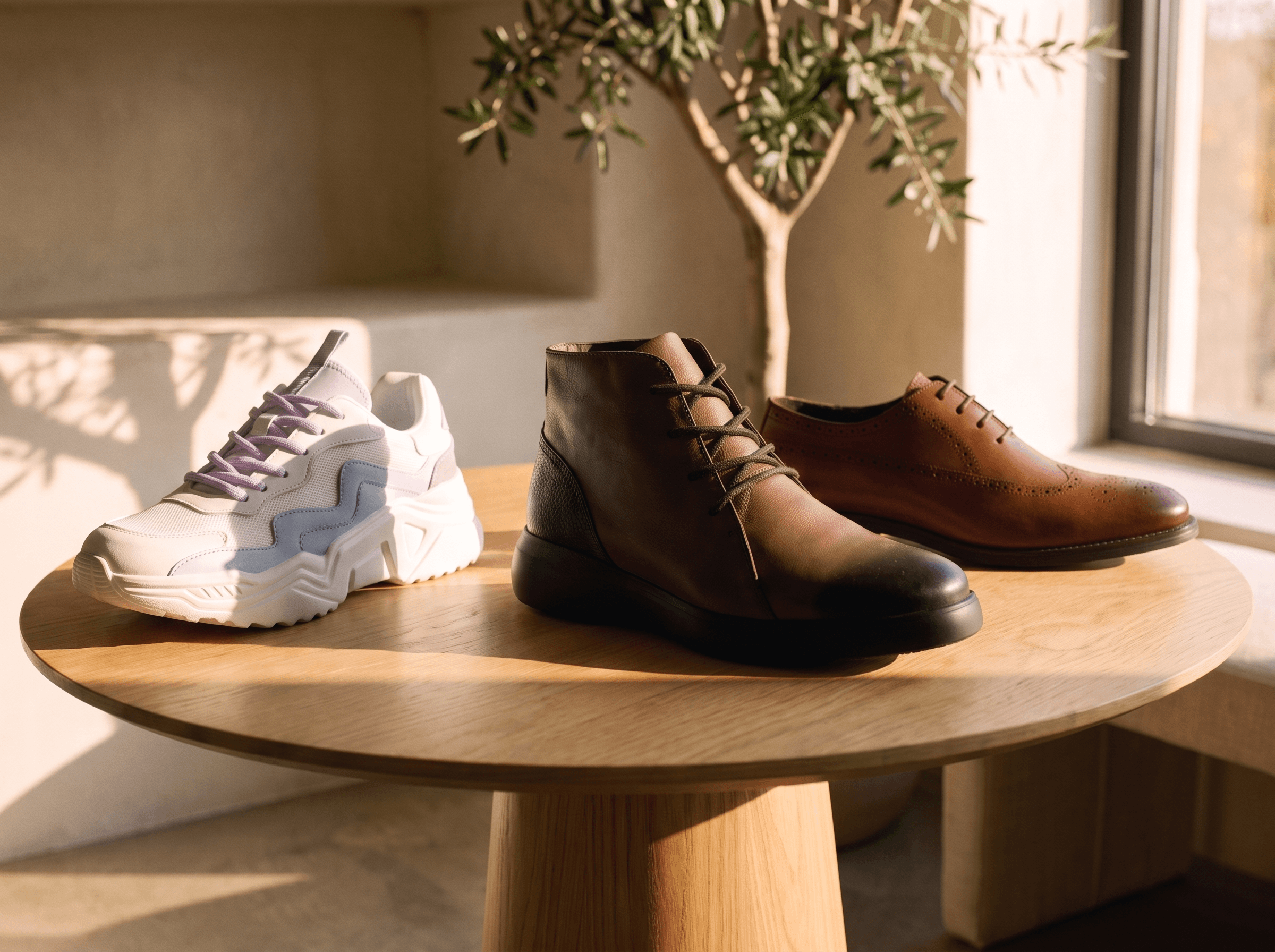 Three Pulotus shoes on a round oak table in a sunlit boutique corner